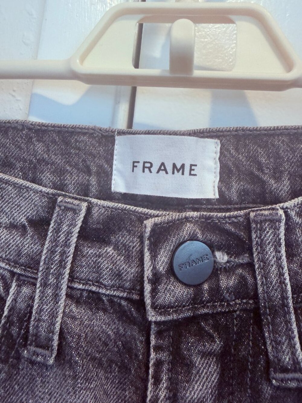 FRAME High-Rise Flare Jeans — Washed Black Raw Frayed Hem — Size 27